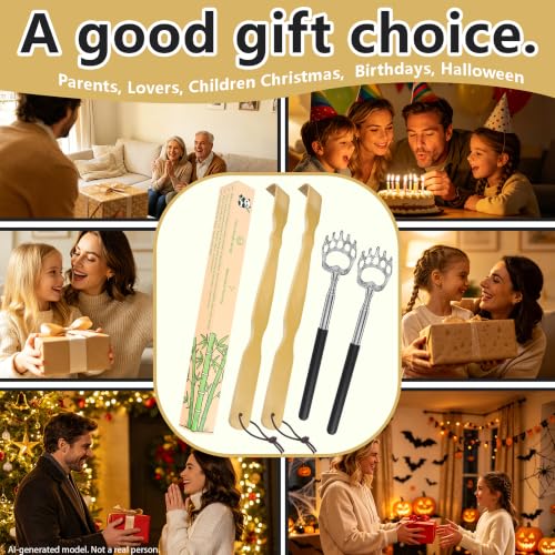 Image of 4Pcs Back Scratcher Set, Bamboo & Extendable Stainless Steel | Bear Claw Back Scratcher,BackScratcher Gift for Elderly Men Women Adults (Natural+Black)