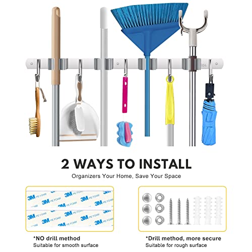 Laufary Broom Holder- Stainless Steel Mop Holder Wall Mount, Broom Storage Rack, Garden Tool Organizer, 4 Racks 5 Hooks For Home, Kitchen, Garden, Tools, Garage Organizing (Grey) #TOP5