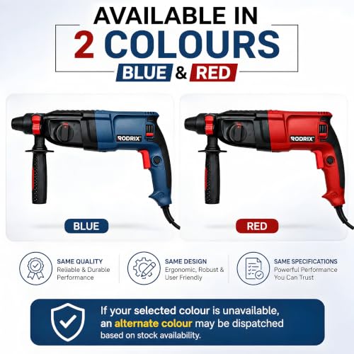 Image of RODRIX RD26 Rotary Hammer Drill Machine, 1600W Copper Motor, 1100 RPM, 4900 BPM, 26mm SDS Plus Chuck, 3 Modes, Forward & Reverse Function, Drill Bits & Chisels Included, 6 Months Warranty