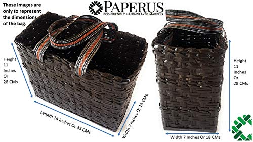 Image of Paperus, Large Lunch Bag, Picnic Basket, Carry Bag, Handbag, Tiffin Basket for Office, Rectangular, Eco-Friendly, Handmade, of Paper Ropes, in Inch 11 H, 14 L, 7 Wide Base Brown