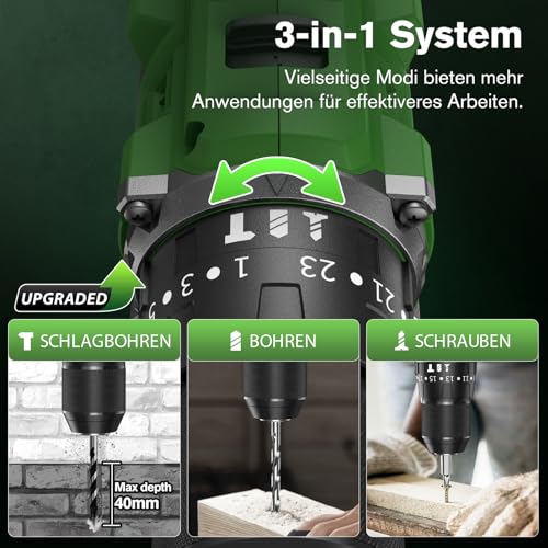 Ginour 21V Bürstenlos Akku Schlagbohrschrauber Set, 50 Nm, 2x2Ah Akku, kompatibel mit Makita 18V Akku & Ladegerät, 2-Gang, 23+3 Stufen, 47-tlg. Zubehör & Koffer, LED, 10mm Bohrmaschine & Akkuschrauber