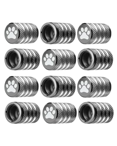 Tire Valve Stem Caps Cover - (12 Pack) Tire Air Caps Metal with Plastic Liner Corrosion Resistant Leak-Proof Dog Paw Print for Car Truck Motorcycle Bike Grey