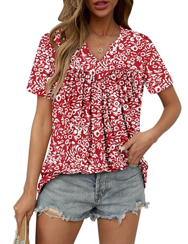 KISSMODA Tops for Womens Summer Cute Short Sleeve Shirts Trendy Notched Neck Blouses Casual Loose Pleated Tunics S-3Xl