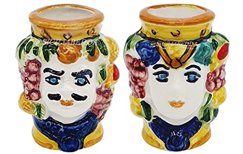 sicilia bedda - Portastuzzicadenti in Ceramica di Caltagirone - Teste di Moro - Prodotto 100% Artigianale - H. Cm 6 (Giallo)