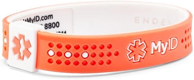 myID Sport Medical ID Bracelet Salmon/White XS - Free Medical Profile to Store Medical Information - Lightweight Silicone Material - Great for Those with Diabetes, Autism, Etc - Fits Kids & Adults