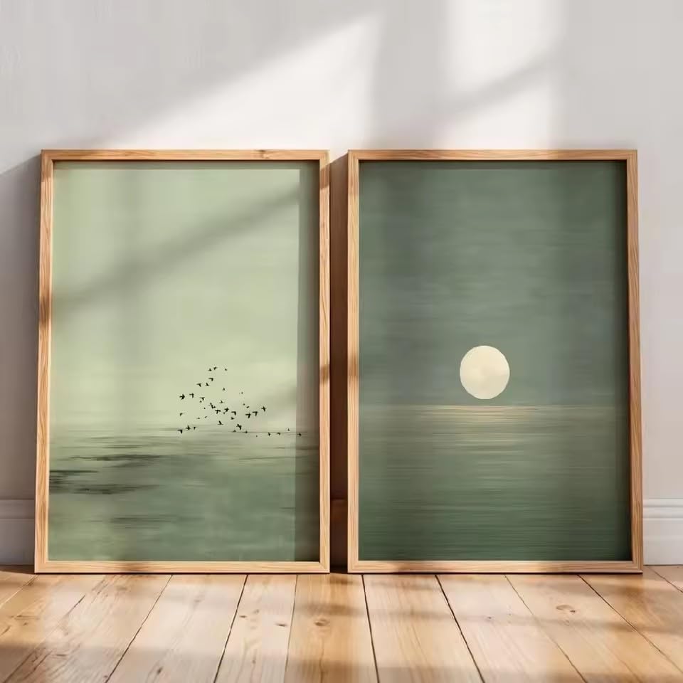 Póster abstracto japonés verde salvia, minimalismo moderno, arte lunar, decoración de pared (70x100cm x 2 piezas/sin marco)