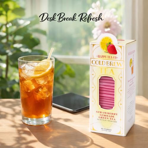 Image of Life Plus Style Gourmet Happy Tea Company Strawberry Lemon Green Tea Naturally Refreshing Cold Brew Tea Low Caffeine No Sugar Added Enjoy 40 Individually Wrapped Iced Tea Bags