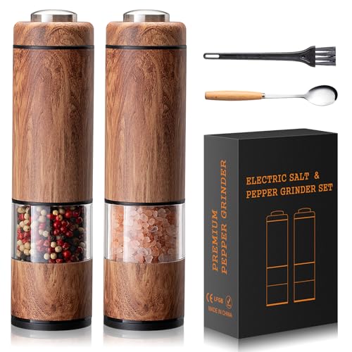 Electric Salt and Pepper Grinder Set, Battery Operated Pepper Grinder with LED Light, One Handed Operation, Adjustable Coarseness, Slat and Pepper Shakers Set Electric (Wood Grain)
