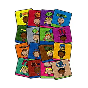 Flagship Carpets School Kids Squares Multicolor Rug for Home Learning Area, Classroom, Kids Room or Playroom Carpet, 16" x 16"