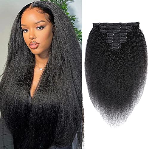 Feelgrace Real Remy Yaki Straight Clip Ins Black Hair Extension for African American Kinky Straight Clip In Extension Yaki Straight Real Virgin Brazilian Hair (20 Inch)