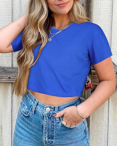 Image of Womens Summer Crop Tops Short Sleeve Round Neck T-Shirts Loose Fit Casual Blouse 2026