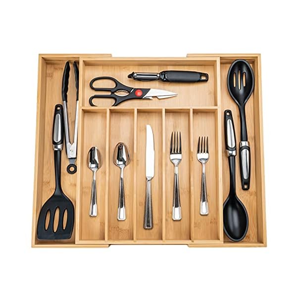 SMIRLY Bamboo Silverware Organizer for Drawer - Expandable Kitchen Drawer Organizer, Kitchen Utensil Organizer for Kitchen Drawers - Silverware Tray for Drawer - Flatware & Cutlery Organizer in Drawer