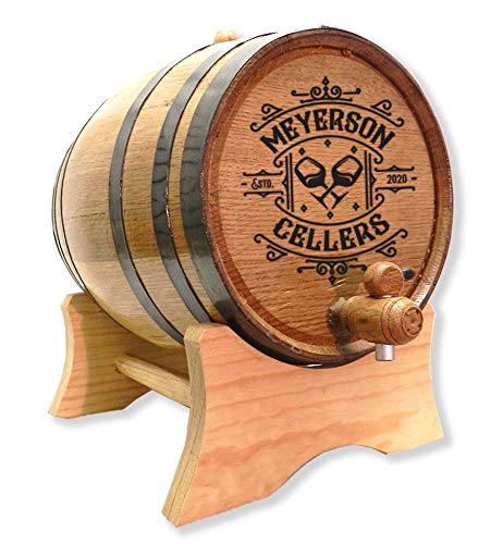 Personalized 3 Liter Wine Barrel | Premium Toasted American Oak Aging Barrel w/Bung, Spigot and Stand | Custom Laser Engraved | Cellers Design (B392)