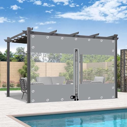 グレーの透明ターポリン製サイドパネル、ファスナー付き、0.3mm PVCビニール透明防水シートカーテン、ガーデンパビリオン、ポーチ、カーポートの仕切りカーテンとして使用。,1ZipperGrey-3.2x2m