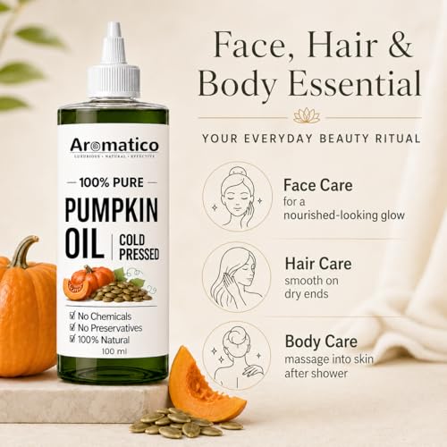 Image of AROMATICO Pumpkin Seed Oil for Hair Growth & DHT Blocking - Cold Pressed Pumpkin Seed Hair Oil for Scalp Health, Dandruff & Thicker Hair | 100ml
