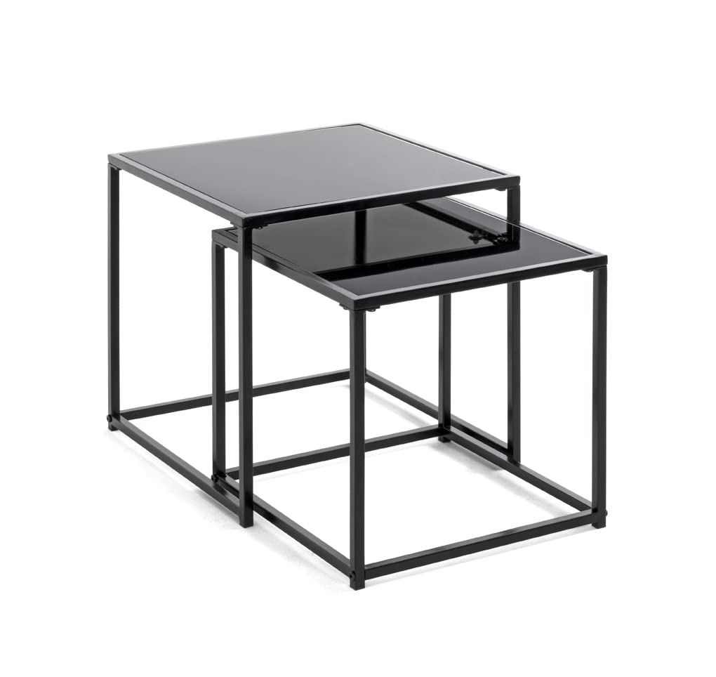 HAKU Set di 2 Tavolini in metallo nero Tavolino da salotto con vetro di sicurezza da 5 mm - Dimensioni: L 35/40 x A 35/40 x P 35/40 cm Stile: Moderno