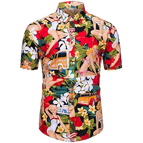 fohemr Mens Hawaiian Hula Girls Print Short Sleeve Shirt Casual Button Down Tropical Beach Shirt Hula Girls Black Large Cover