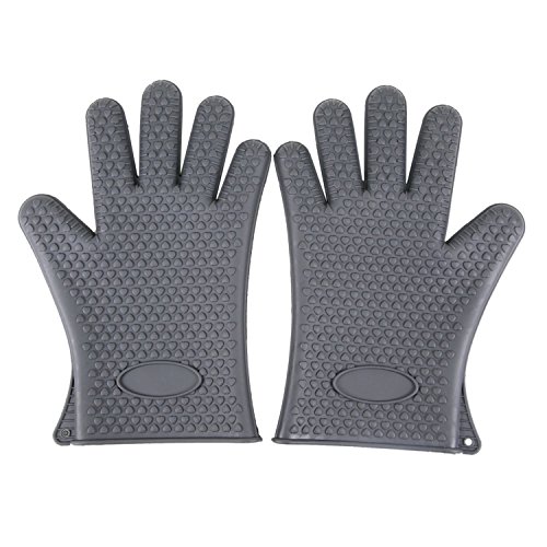 BINWO Silicone Grilling Gloves - Best Heat Resistant Cooking Kitchen Pot Holders and Oven Mitts - Protective Baking Gloves - Barbecue Without Burning Your Hands-Grey