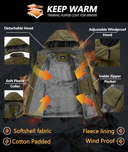 Image of Mens Winter Jackets Waterproof Warm Fleece Ski Jacket with Hood Thermal Windproof Coat Zip Pockets