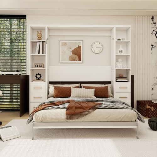 Image of KEIKI Queen Size Vertical Cabinet Murphy Bed with 2 Side Cabinet, Multifunctional Foldable Hideaway Wall Metal Bed Frame with Slats, No Box Spring Needed, Easy Assembly, for Bedroom, Guest room, White