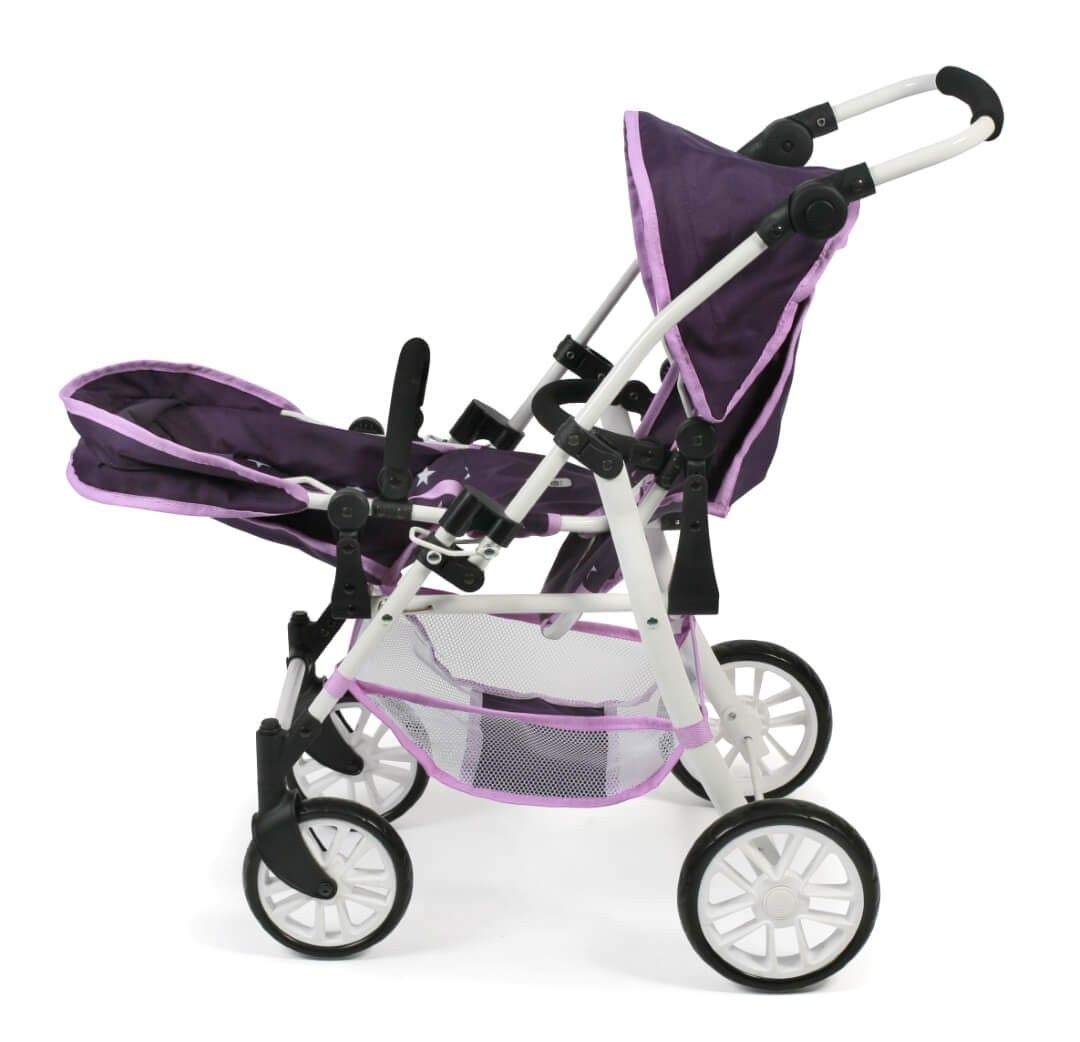 Tandembuggy Twinny - Passeggino gemellare per due bambole, passeggino per bambini dai 4 agli 8 anni, motivo: stelle viola