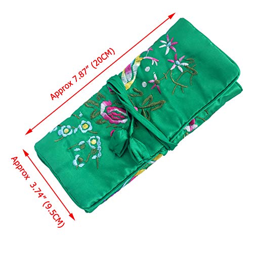 Gold Fortune Travel Jewelry Silk Embroidery Brocade Roll Bags Organizer Case With Tie Close (Dark Green) #TOP7