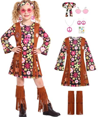Cuteshower Kids Hippie Costume for Girls 60s 70s Hippie Dress for Halloween Party Outfit
