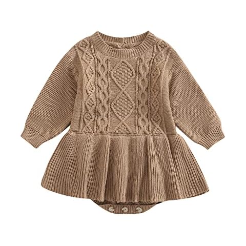 Himllauen Baby Rompers Girls Newborn Knit Jumpsuit Dresses Baby Rompers Long Sleeve Crew Neck Solid Color Bodysui(Dark Coffee, 3-6 Months) Cover