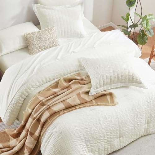 Image of CozyLux Oversized King Comforter Set with Sheets, 7 Pieces 120 inchx98 inch Ivory Seersucker Bed in a Bag, Luxury Soft Bedding Sets with Down Alternative Comforter, Sheets, Pillowcases & Shams for All Seasons