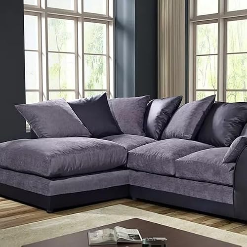 Modular L Shaped Sofa, Black Leather and Grey Chenille Couch, 4 Seater Small Corner Settee, Left Hand and Right Hand Sectional Couches, Scatter Back Couch for Living Room (Left Hand) - Image 2