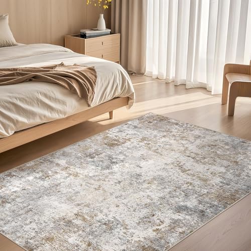 4x6 Area Rug Living Room Rugs - Washable Neutral Modern Abstract Soft Thin Rug Indoor Floor No Slip Rug Carpet for Bedroom Under Dining Table Home Office Decor - Brown Grey