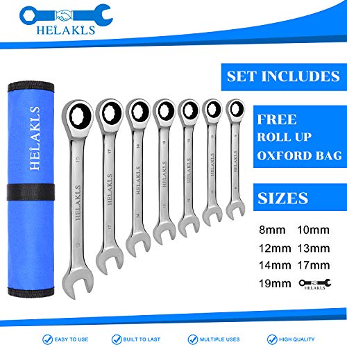 HELAKLS 7 Piece 8mm-19mm Ratcheting Wrench Set Metric Full Polished 12-Point Box End Combination Spanner Gear Wrench Garage Tool Set for Mechanics