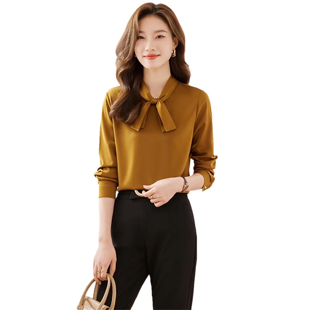 Elegante camisa de satén para mujer, con lazo, manga larga, pullove