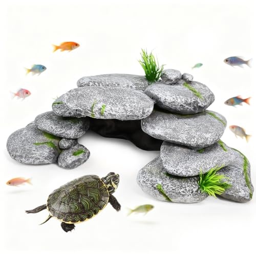 Zuxbolf - Zuxbolf Cachette Aquarium Tortue, 23 * 12.5 * 7.5cm Décorations d'Aquarium en Résine, Pierre Aquarium Decoration, Cachettes et Grottes pour Les Reptiles, Tortues, Crevettes, Betta, Poisson