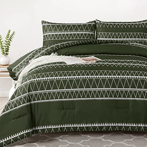 WONGS BEDDING Olive Green Comforter Set Queen (90"×90"),Reversible Green Boho Triangle Pattern with Soft Microfiber Fill Bedding Queen Size-3 Pieces 1 Comforter & 2 Pillowcases