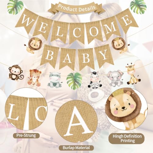 Image of Weecent Pre-Strung 6ft Burlap Welcome Baby Banner for Safari Baby Shower Decorations Neutral Jungle Animals Gender Reveal Party Decor