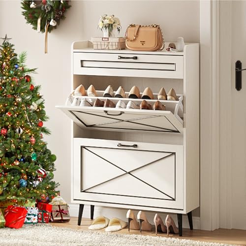 Maupvit Shoe Cabinet with 2 Flip Drawers,Hidden Shoe Storage Cabinet with 1 Pull Drawer for Entryway,Narrow Shoe Rack,Freestanding Slim Shoe Organizer Cabinet for Hallway,Foyer,White