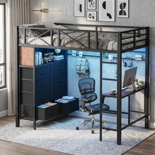 HKOLIE Twin Loft Bed with Desk and 8 Storage Drawers,Black