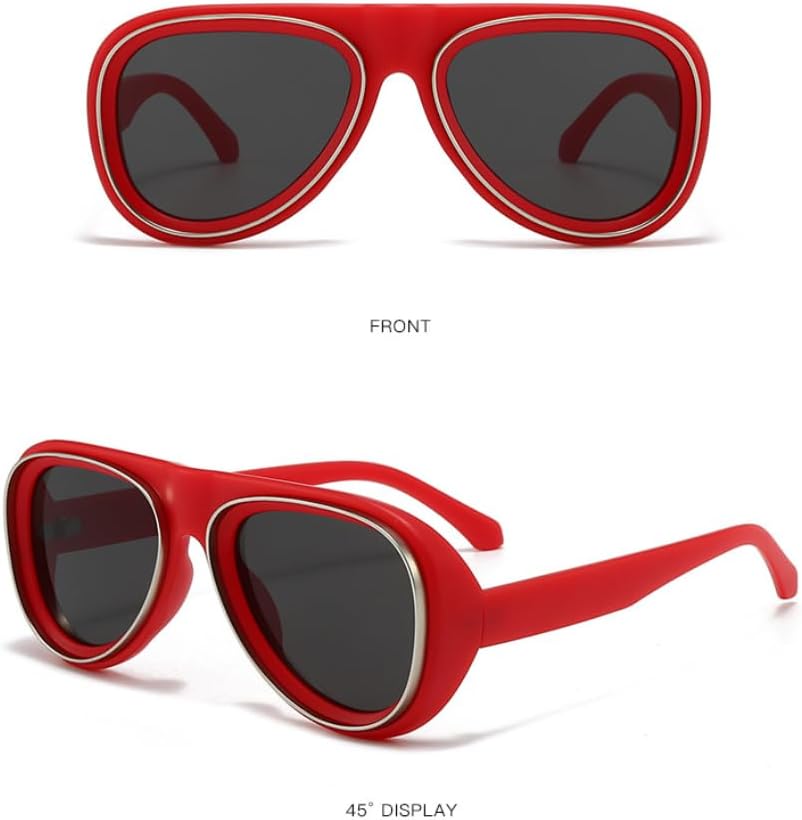 Vintage Pilot Oval Sunglasses, Red Frame with Gray Black Lenses, Retro Punk Design Goggle Eyewear, Unisex 2025