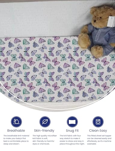 Image of TotAha Premium Soft Pack n Play Sheets, Super Stretchy Jersey Knit Mini Crib Sheets Fitted, Silky Comfort Graco Pack and Play Mattress Sheets 2-Pack, Purple Butterfly