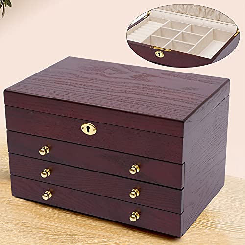 Loyalheartdy 4 Layers Large Wooden Jewelry Box Drawer, Jewelry Box Organizer For Women Jewelry Case Cabinet With Mirror For Ring Necklace Earring Bracelet Organizer Storage Display Box Red #TOP1