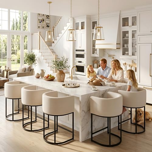 Image of HNY Modern Counter Height Bar Stools Set of 4, 24 inch Linen Counter Stools with 8.5 inch Extra Tall Barrel Back, Black Tubular Frame, Deep Comfortable Seat Island Stools for Kitchen Counter, Home Bars, Cream