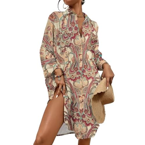 Bsubseach Womens Modern Swimsuit Cover Up Blouse Button Down Shirt Dresses Tops Boho Floral Large