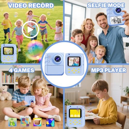 Image of Instant Print Camera for Kids, 1080P Video Camera with 3 Print Rolls | 32GB Card & Cute Cover, Gift for Girls Boys Age 3-12, Toddler Digital Camera with Games, Filters, Music - Blue