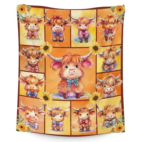 Highland Cow Blanket Gifts - 50x60 Inches Cute Throw Blanket for Girls & Boys - Yellow Soft Fuzzy Blankets for Bed, Couch & Living Room