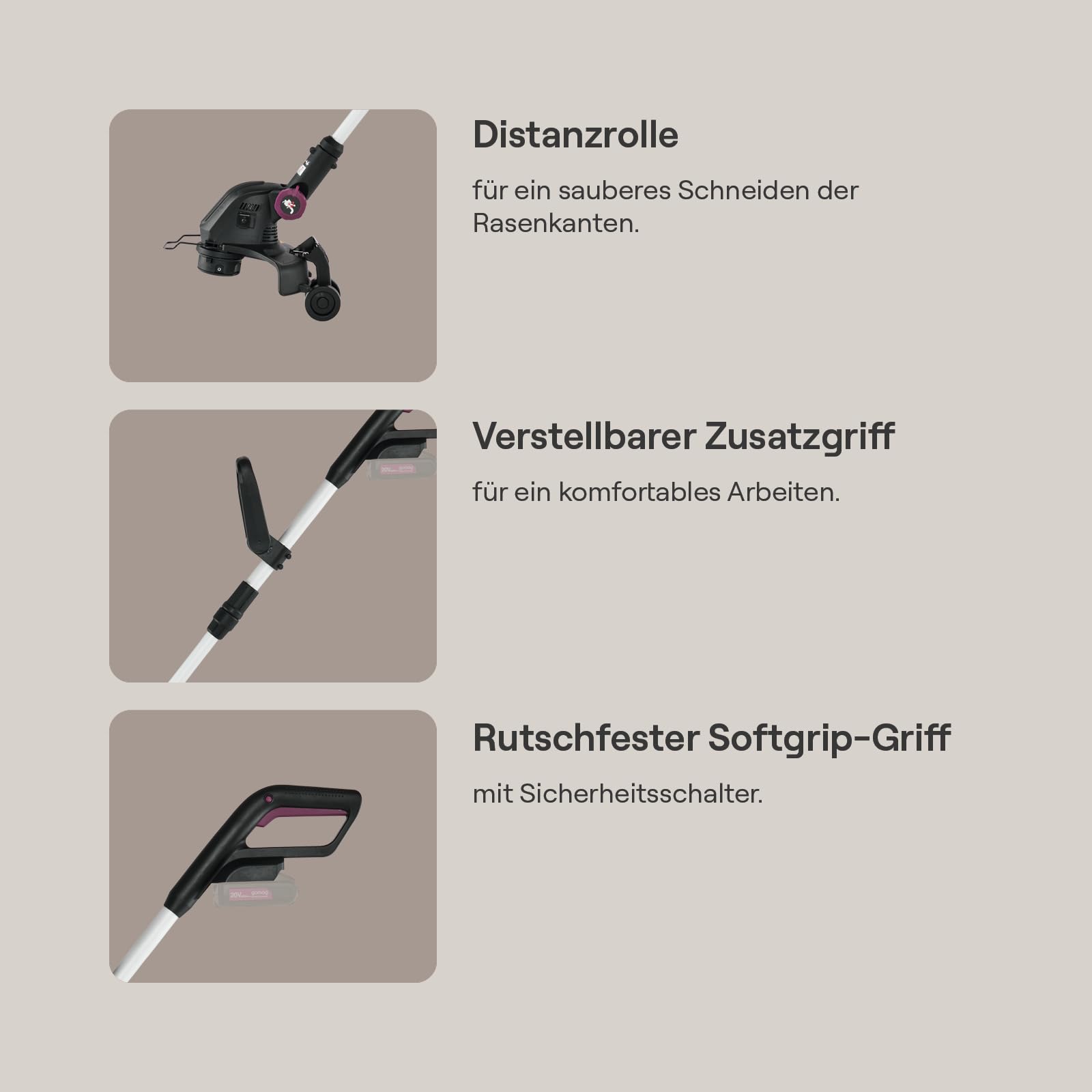Gomag Akku-Rasentrimmer GO-RT300 | Schnittbreite 300 mm | 90° drehbarer Motorkopf | teleskopierbare Führungsstange | 1,6 mm Nylon-Einzelfaden | Inklusive 2 Ah Akku & Ladegerät sowie zweiter Fadenspule