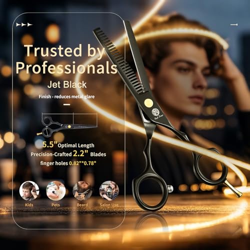 Purple Dragon 5.5 inch Hair Cutting Scissors Set with Razor, Leather Scissors Case, Barber Hair Cutting Shears Hair Thinning/Texturizing Shears for Professional Hairdresser or Home Use (Black) - Image 3