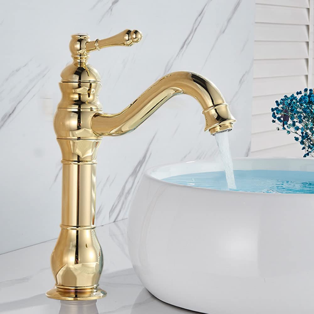 ASerZenith Brass Antique Brass Deck Mounted Bathroom Faucet Basin Faucet Hot Cold Mixer Crane Basin Faucet Water Column High Short Style,H