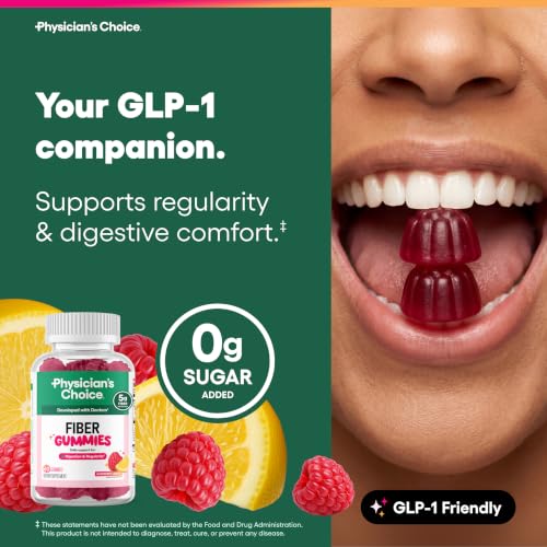 Image of Physician's CHOICE Fiber Gummies for GLP-1 Support - No Sugar Added & Vegan - Raspberry Lemon - Natural Chicory Root Prebiotic Fiber Gummy - Digestive Health & Regularity for Women & Men - 60CT