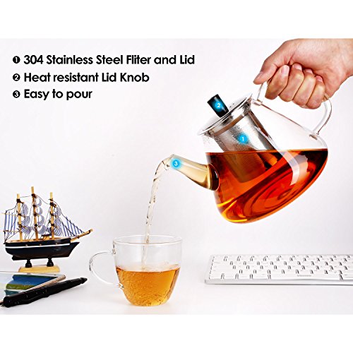 Juego de Té Tetera de Cristal 1.35 L y 4 Vasos Opto Té y Café Anti-calor con Colador Extraíble de Acero inoxidable - Imagen 5